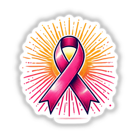 Pink Ribbon and Sunburst Breast Cancer Awareness sticker or digital artwork, featuring a pink ribbon with a sunburst design, ideal for supporting breast cancer awareness campaigns.