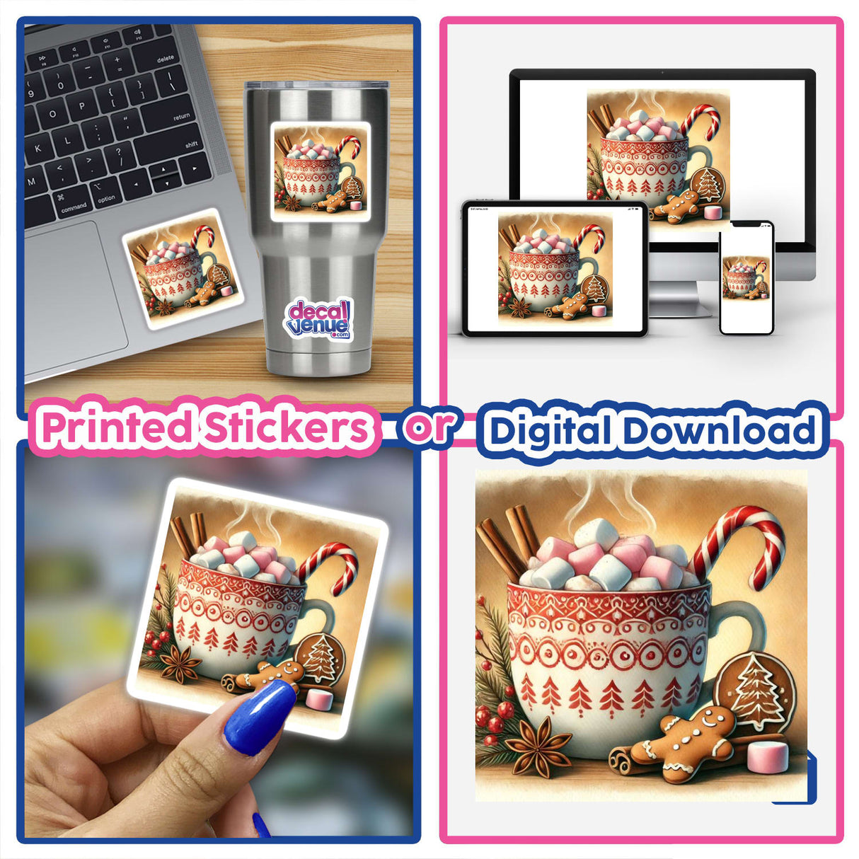 Festive Hot Cocoa - Warm Mug with Marshmallows Watercolor featuring a cozy collage of a hot chocolate mug, marshmallows, cookies, and a laptop. Available as Stickers or Digital Artwork.