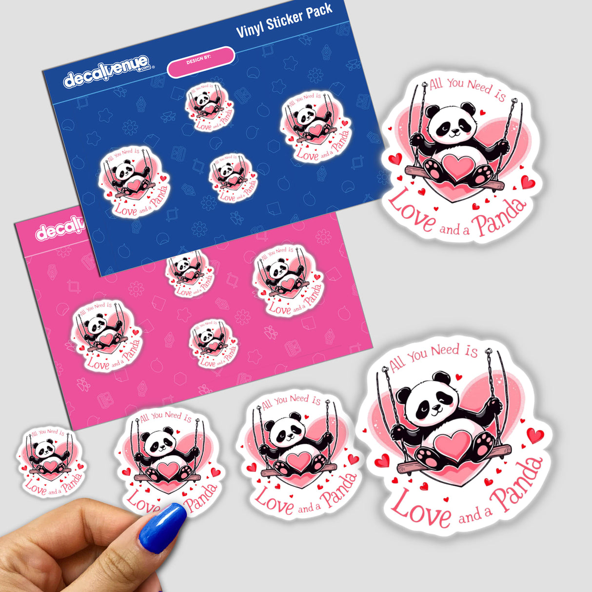 Valentine Panda sticker pack featuring a panda on a swing, perfect for adding a playful touch to envelopes. Available as vinyl stickers or digital artwork from Decal Venue.