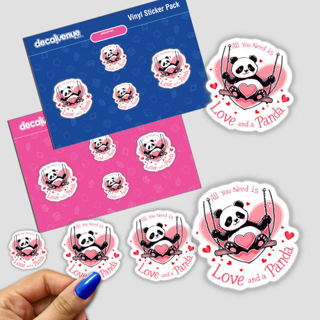 Valentine Panda sticker pack featuring a panda on a swing, perfect for adding a playful touch to envelopes. Available as vinyl stickers or digital artwork from Decal Venue.