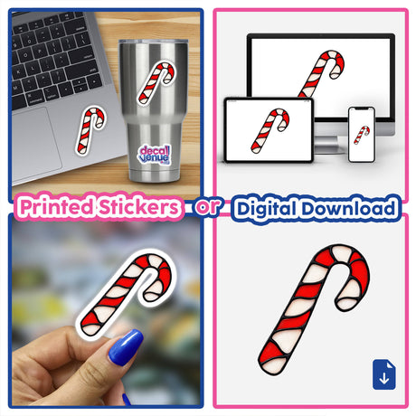 Candy Cane Stained Glass Style sticker collage, featuring a candy cane design on a laptop and cup, exemplifying Decal Venue's unique sticker collection.