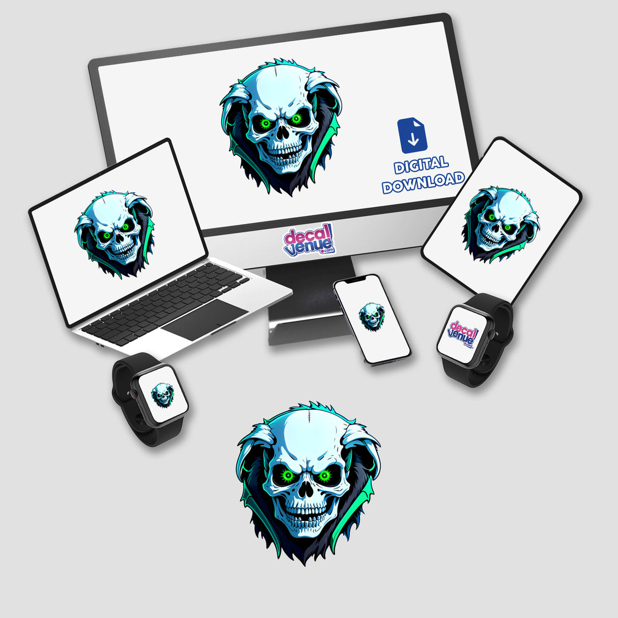 A Hybrid Human Dog Skull design displayed on a computer monitor and laptop, available as stickers or digital artwork from Decal Venue.