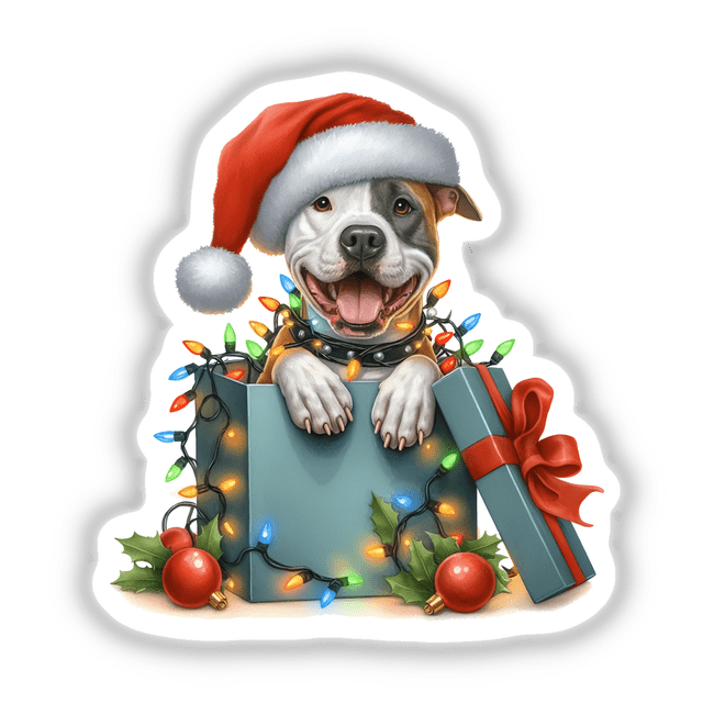 Santa Eye Patch Pitbull Dog in a Christmas Box adorned with twinkling lights, perfect as stickers or digital artwork from Decal Venue, capturing festive charm and whimsy.