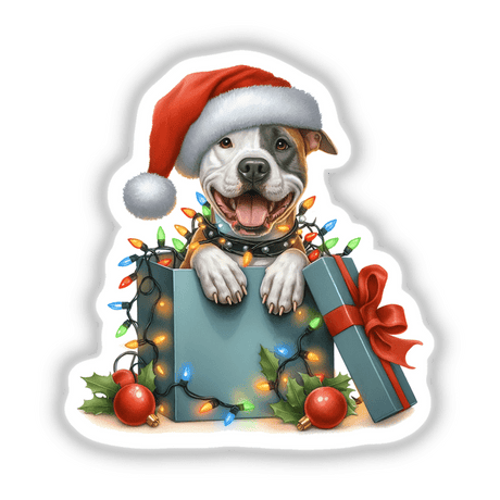 Santa Eye Patch Pitbull Dog in a Christmas Box adorned with twinkling lights, perfect as stickers or digital artwork from Decal Venue, capturing festive charm and whimsy.