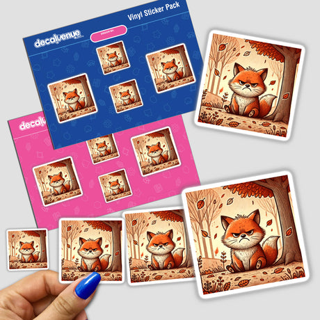 Hand holding a sticker pack titled Grumpy Fox in Autumn featuring various cartoon foxes, including one under a tree. Available as stickers or digital artwork.