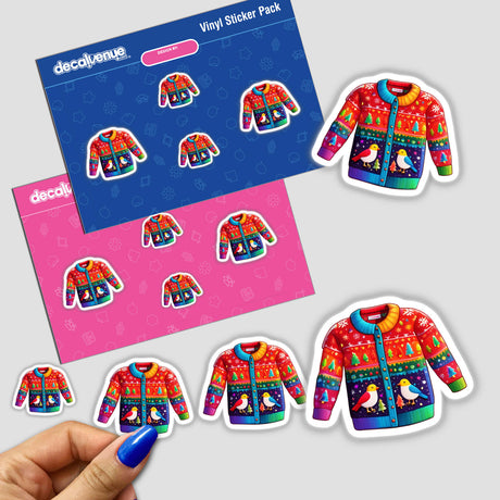 Ugly Christmas sweater stickers with various designs, including birds, in a pack, available as physical stickers or digital artwork.