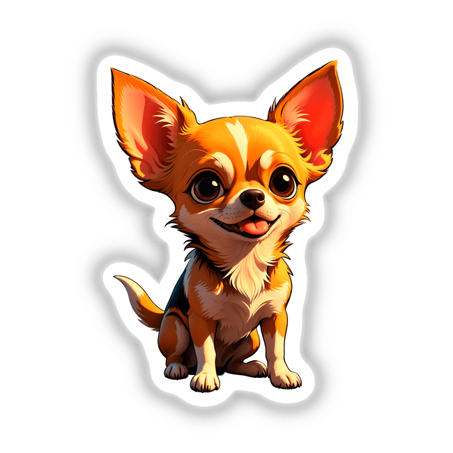 Cute Chihuahua cartoon illustration with large ears and expressive eyes, available as stickers or digital art from Decal Venue.