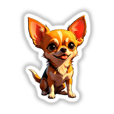 Cute Chihuahua cartoon illustration with large ears and expressive eyes, available as stickers or digital art from Decal Venue.