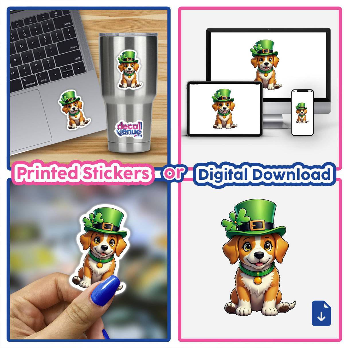 St. Patrick's Day Puppy features a cartoon dog in a green hat, available as stickers or digital artwork, ideal for laptops or cups, from Decal Venue's unique collection.