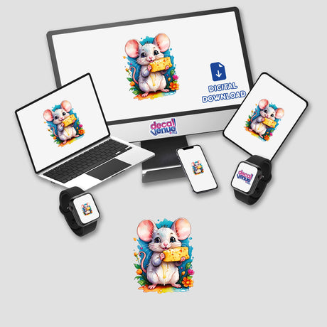 Cheesy Companion: Cute Mouse sticker or digital artwork featuring a cartoon mouse holding cheese displayed on a computer monitor and laptop screen.