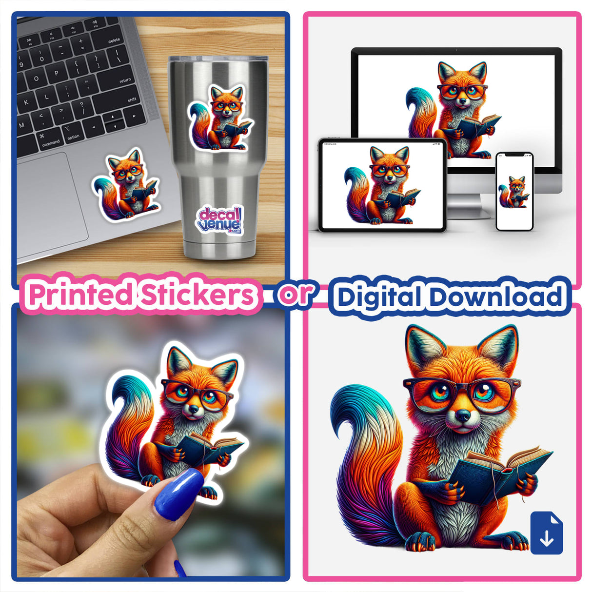 Fox With Reading Glasses Open Book sticker, featuring a cartoon fox engrossed in a book, available as a sticker or digital artwork, ideal for laptops and personal items.