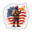 American Firefighter Rescue sticker or digital artwork features a cartoon firefighter holding an axe in front of a flag, embodying bravery and heroism, suitable for unique vinyl decals or digital displays.