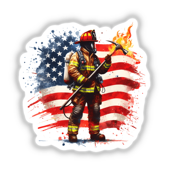 American Firefighter Rescue sticker or digital artwork features a cartoon firefighter holding an axe in front of a flag, embodying bravery and heroism, suitable for unique vinyl decals or digital displays.