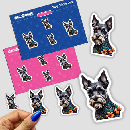 Vibrant digital artwork featuring a Schnauzer dog portrait, surrounded by colorful floral patterns, displayed on a pack of vinyl stickers.