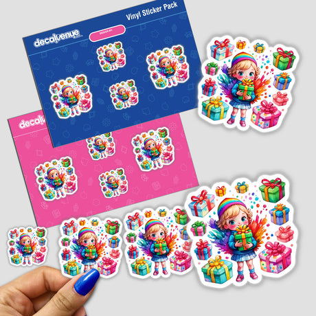 Christmas Delight: Cute Kid Surprised with Presents Sticker features a cartoon girl holding a gift, part of a sticker pack with various characters and gifts.