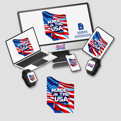 Made In The USA American Flag displayed on monitors, laptops, and devices, available as stickers or digital artwork, showcasing the patriotic design for unique digital art and sticker enthusiasts.