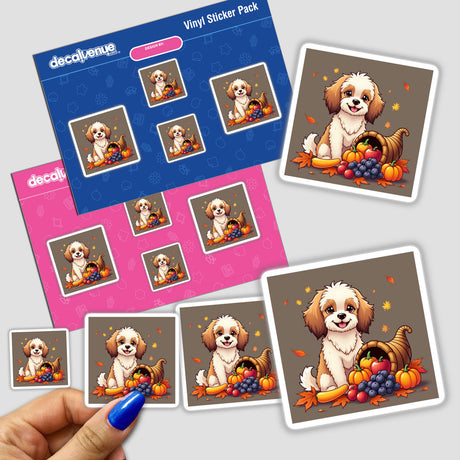 Thanksgiving Havanese Sticker & Clipart features a cartoon dog with a cornucopia of fruits and vegetables, available as physical stickers or digital artwork with commercial rights.