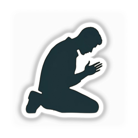 Kneeling Prayer Silhouette Sticker & Clipart: A silhouette of a man kneeling, ideal for religious and inspirational projects, available as stickers or digital artwork for commercial use.