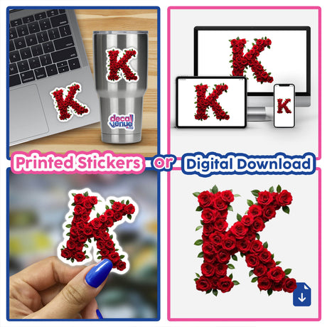 Elegant Floral Letter K Clipart - Downloadable Sticker with Commercial Rights: A collage featuring laptops, a keyboard with a floral letter K sticker, and close-ups of a finger, cup, and decorative rose letter K.