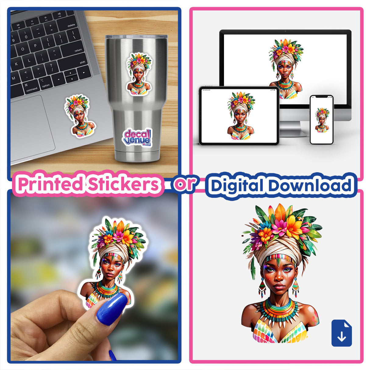 Mesmerizing African Tribal Woman Floral Headdress Sticker featuring a stunning portrait collage, including vibrant head wrap, colorful makeup, and accessories. Available as stickers or digital artwork.