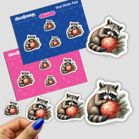 Sticker featuring a raccoon sleeping on a Christmas ornament, showcasing whimsical charm. Available as a unique sticker or digital artwork from Decal Venue, celebrating playful, festive designs.