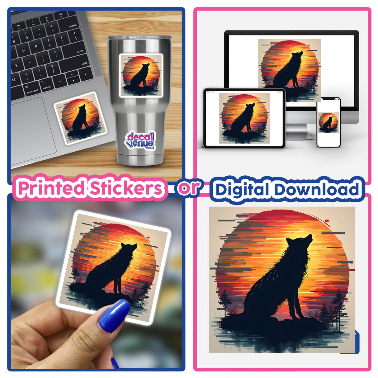 Wolf Silhouette with Vibrant Stripes Art displayed on various mediums including a laptop screen, a mug, and a digital print, highlighting its versatility as stickers or digital artwork.