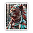 Native American Warrior Bear depicted with a feather headdress, available as stickers and digital artwork. The image features intricate artistic details highlighting the bear's distinctive tribal style.