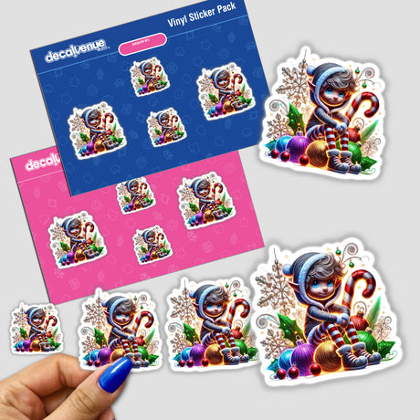 Hand holding a sticker pack featuring the Luminous Christmas Elf, a cartoon character sitting on a pile of ornaments, available as stickers or digital artwork.