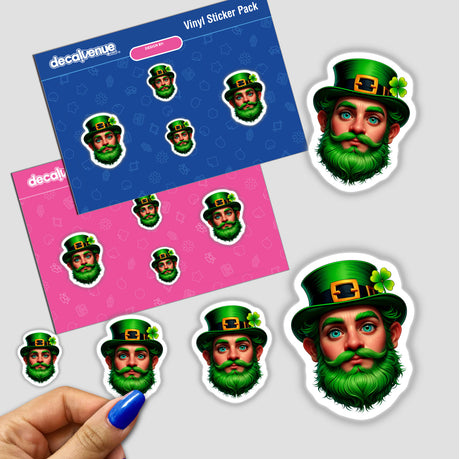 St. Patrick's Day Leprechaun stickers depict a cartoon leprechaun with a green beard and hat, ideal for festive decoration. Available as unique stickers or digital artwork from Decal Venue.