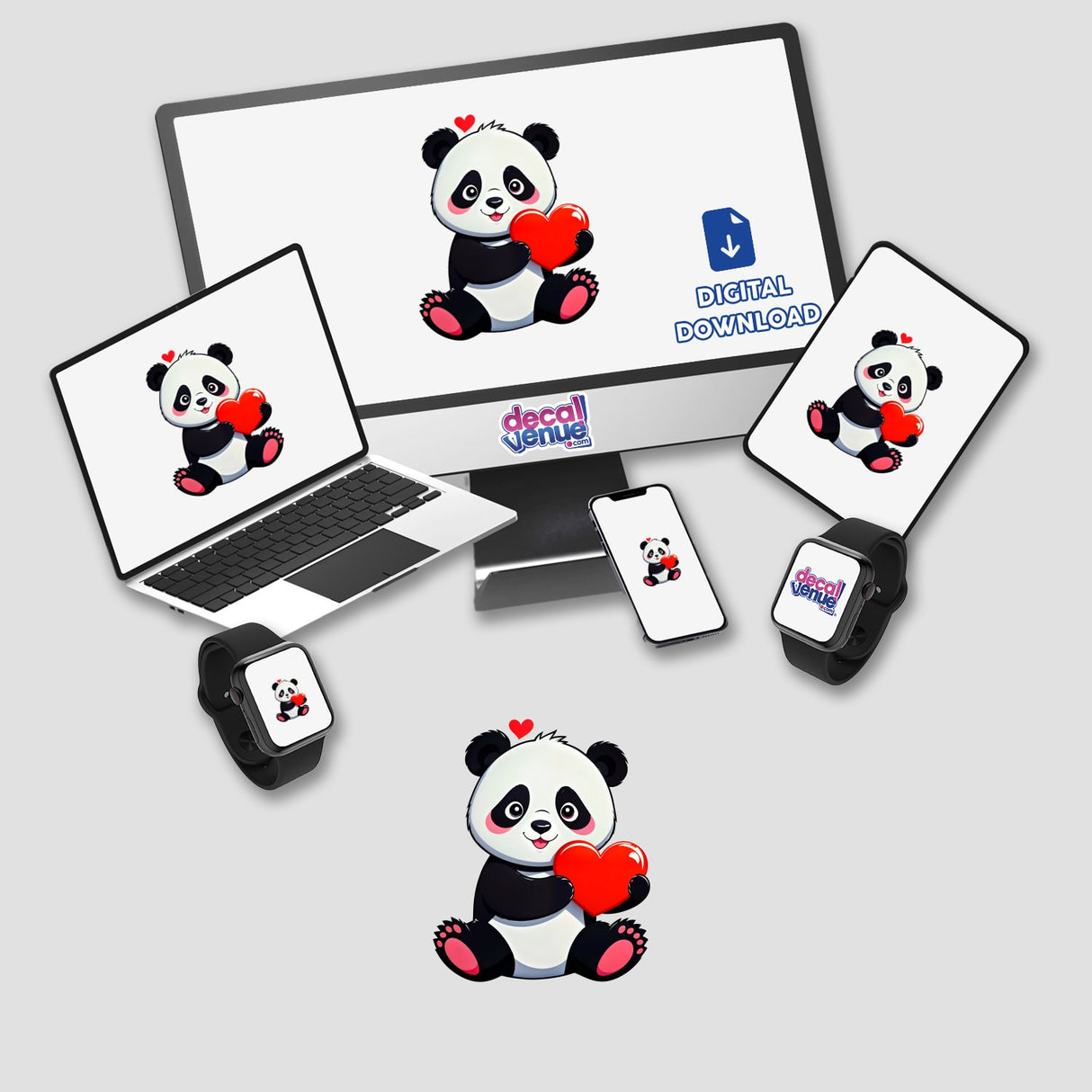 Cute Panda Bear With Love Hearts featured on a computer monitor and laptop screen, available as stickers or digital artwork. Perfect for fans of whimsical, charming digital art from Decal Venue.