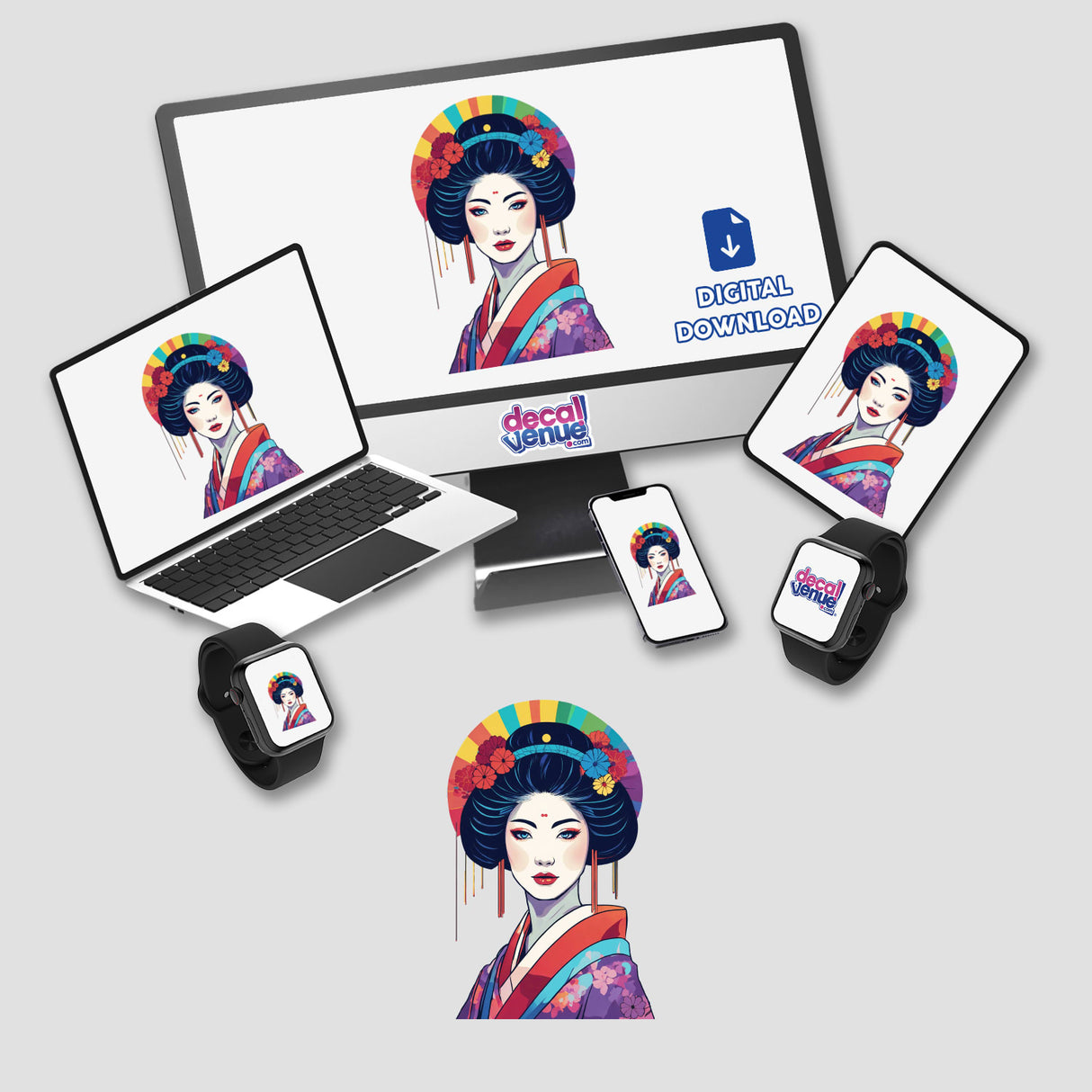 Illustration of a beautiful retro geisha on computer screens, available as stickers or digital artwork. The geisha features flowers in her hair, emphasizing Decal Venue's unique digital art offerings.