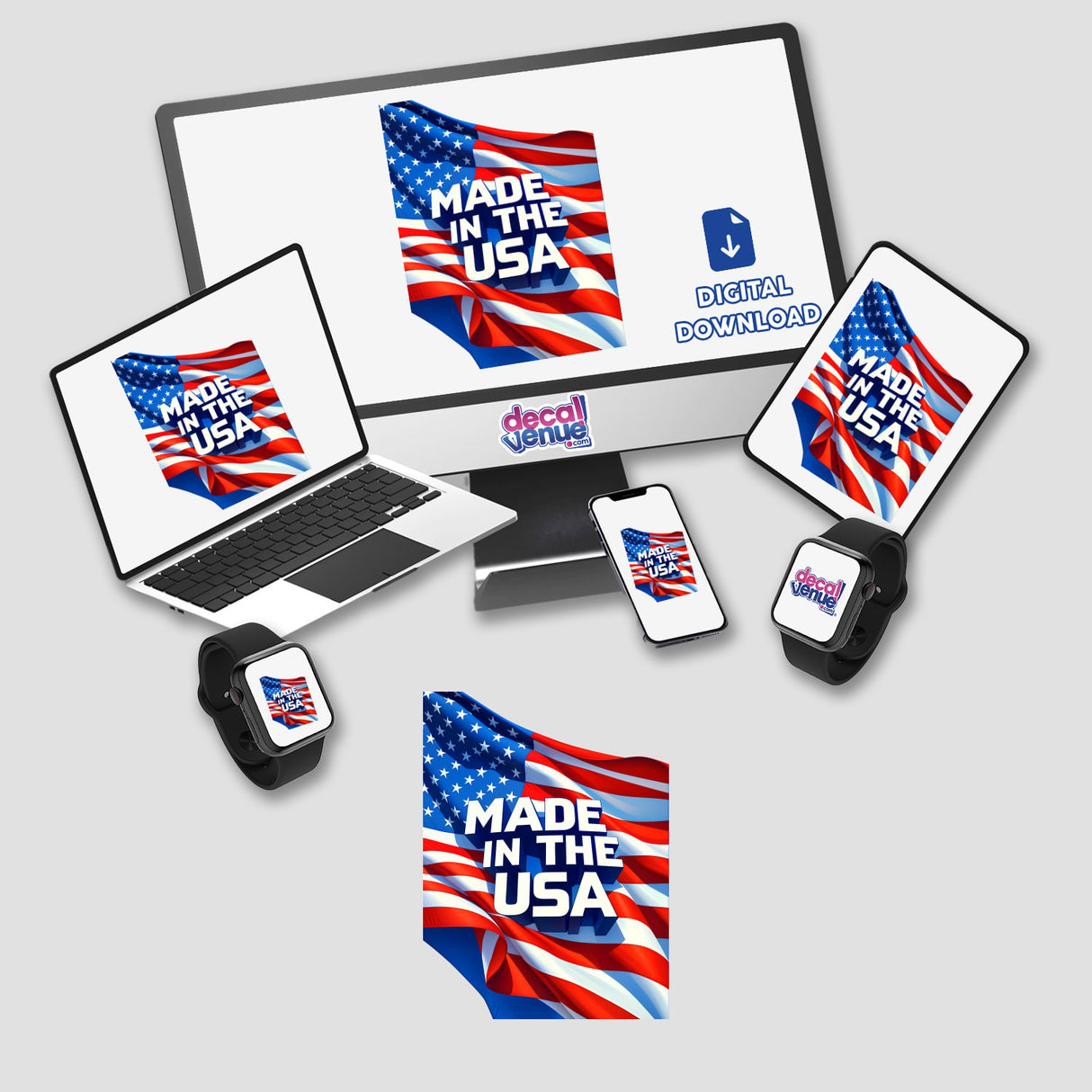 Made In The USA American Flag featured on a computer monitor, laptop, smartphone, tablet, and smartwatch, available as stickers or digital artwork from Decal Venue.