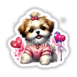 Glitter Hearts Shih Tzu Dog cartoon in a pink shirt, ideal as stickers or digital artwork, showcasing a playful and charming pet theme from Decal Venue's unique collection.