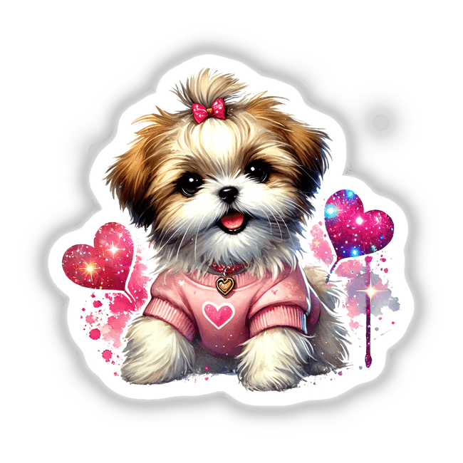 Glitter Hearts Shih Tzu Dog cartoon in a pink shirt, ideal as stickers or digital artwork, showcasing a playful and charming pet theme from Decal Venue's unique collection.