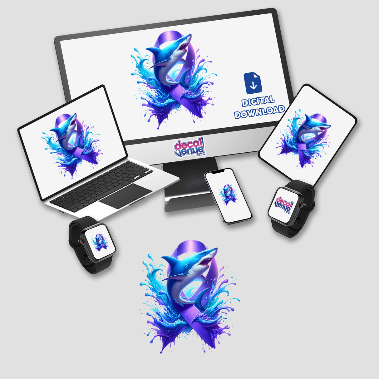 Shark Purple Ribbon sticker featuring a stylized shark with a purple ribbon on a computer monitor and laptop screen, available as unique vinyl decal or digital artwork.