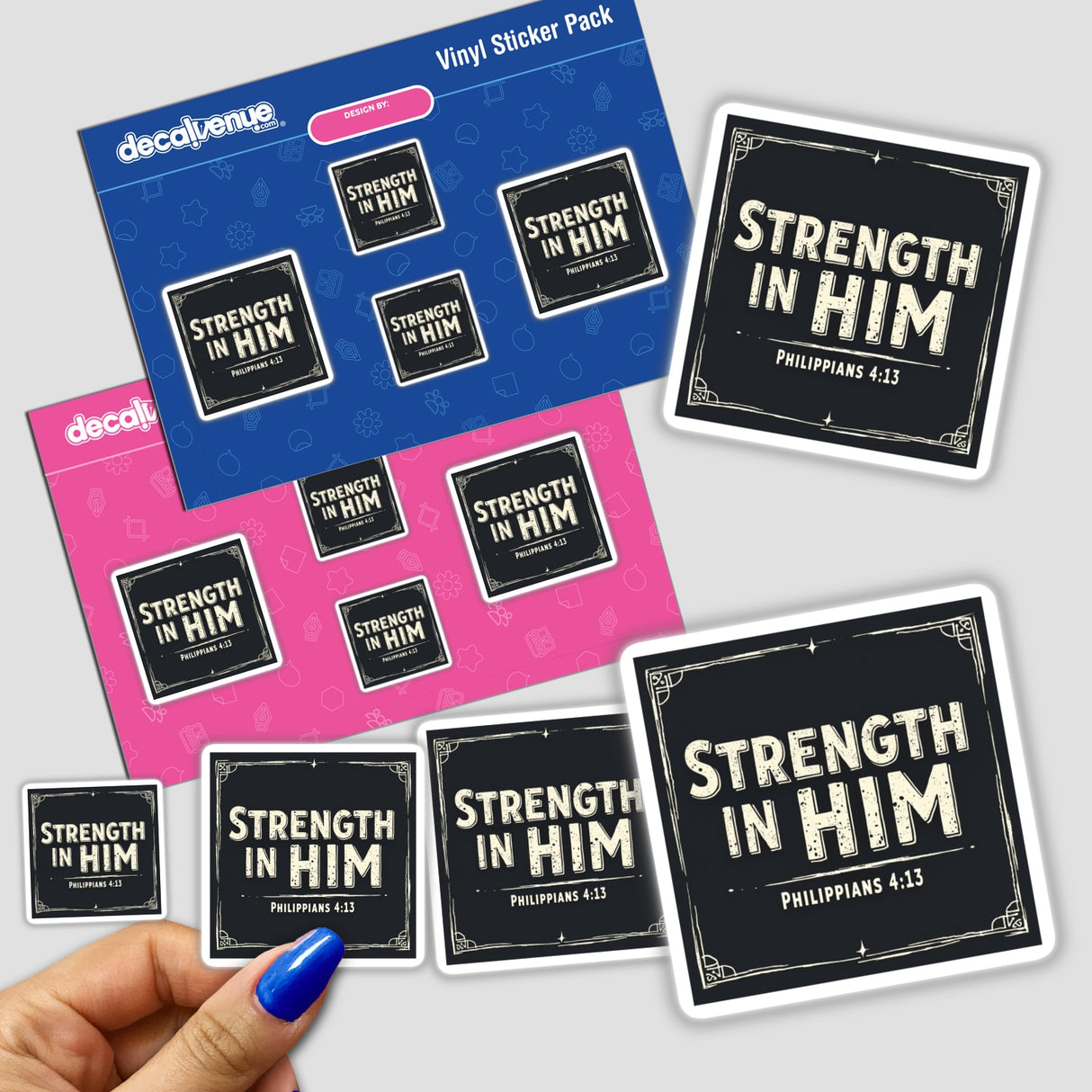 A hand holds the Strength in Him – Philippians 4:13 uplifting Christian affirmation sticker pack, showcasing its detailed design and textual elements, available as stickers or digital artwork.