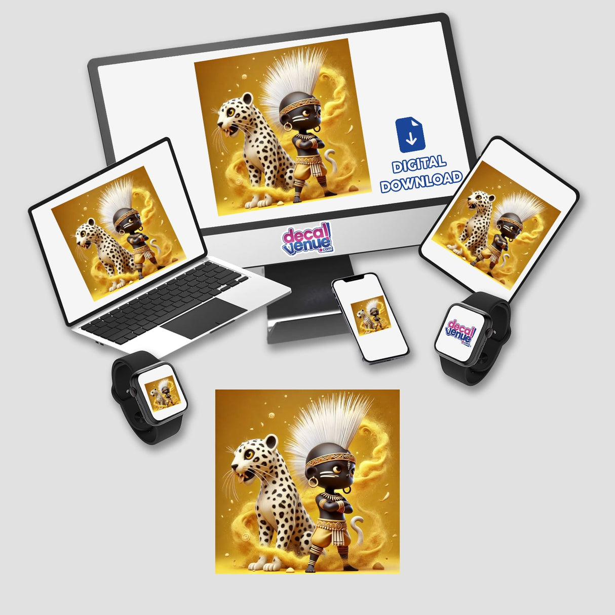 African Tribal Warrior digital artwork depicted on a laptop screen alongside a cartoon cheetah, available as unique stickers or digital art from Decal Venue.