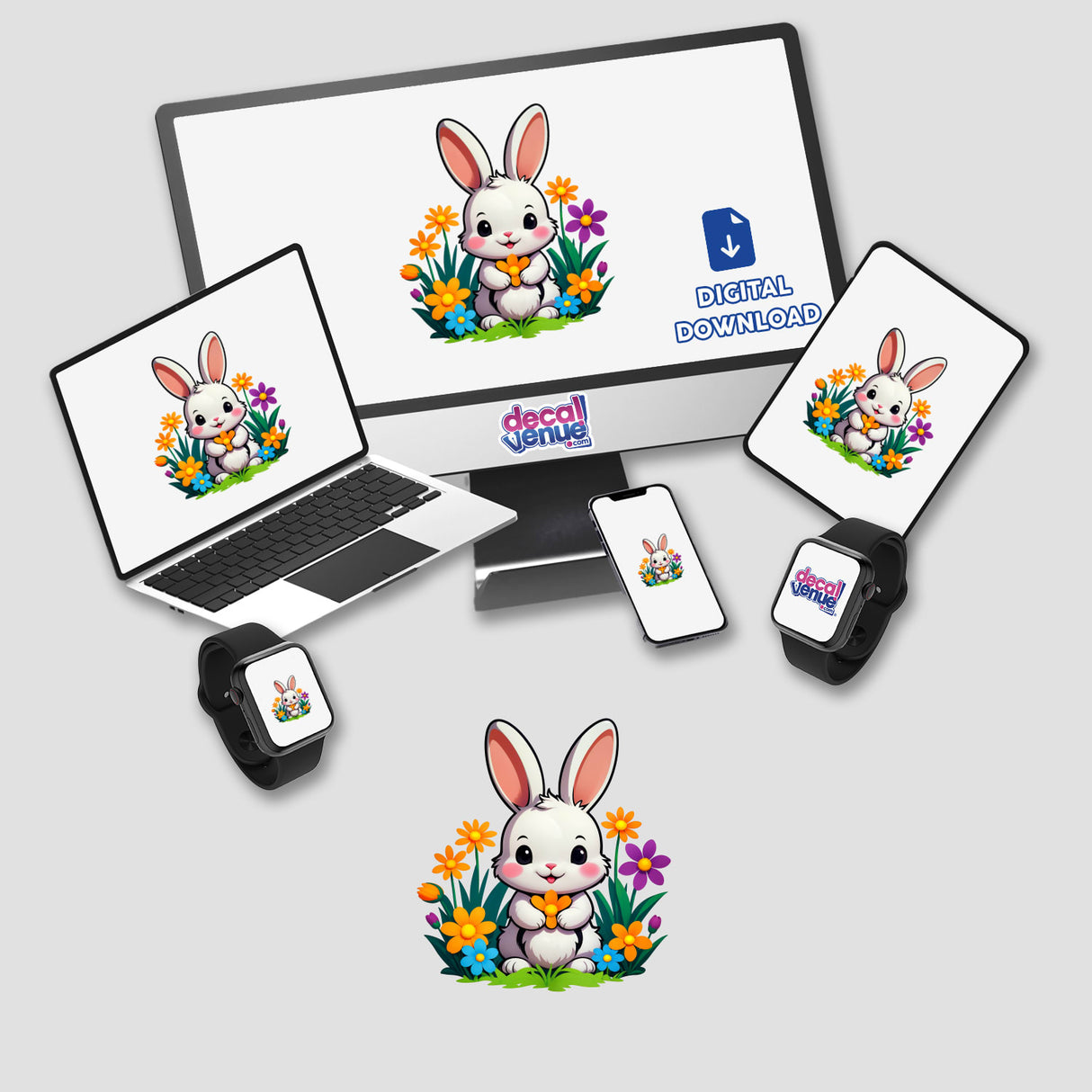 Cute Rabbit with Blooming Spring Flowers depicted on various devices, available as stickers or digital artwork from Decal Venue, showcasing unique cartoon-style decals perfect for personalization.