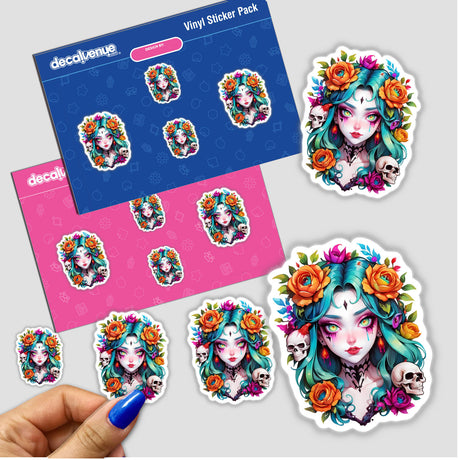 Cosmic Enchantress Halloween Skulls: Anime Portrait Sticker Design featuring a woman adorned with flowers and skulls, capturing a mystical, artistic essence.