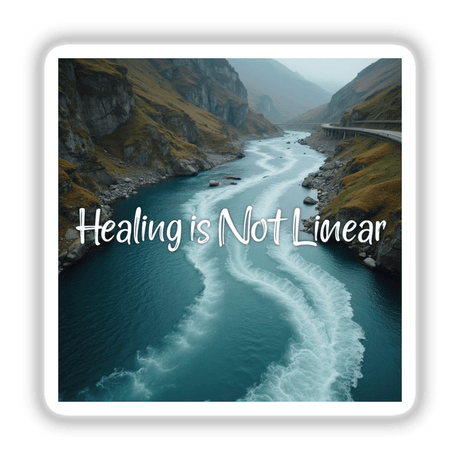 Healing is Not Linear Sticker featuring a river and bridge, symbolizing the journey of mental health. Available as stickers or digital downloads with commercial rights.