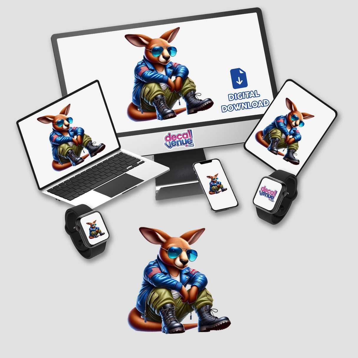 Patriotic Leather Kangaroo Aviator Sunglasses displayed on a computer monitor and laptop, featuring a cartoon kangaroo wearing sunglasses and a blue jacket. Available as stickers or digital artwork.