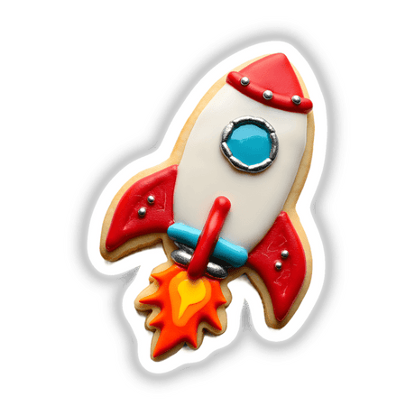 Rocket Shaped Cookie with Red Flames and Silver Details available as stickers or digital artwork, showcasing a whimsical design perfect for space-themed collections.