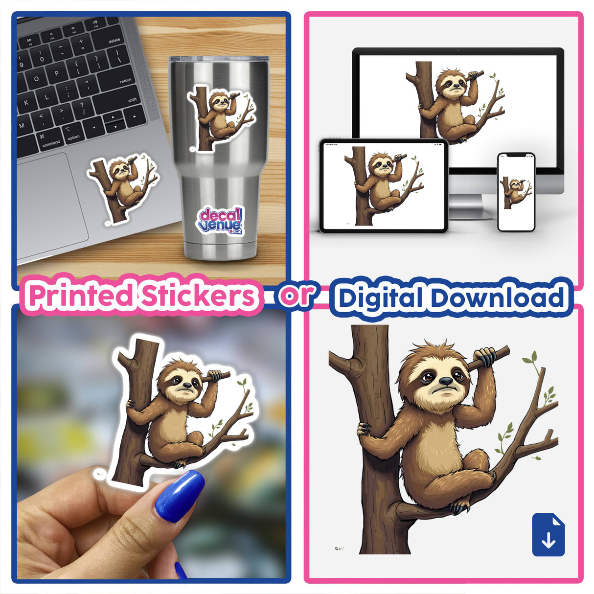 Collage featuring an Adorable Sloth Climbing Tree sticker and digital artwork. Includes close-ups of fingers, laptops, and a cartoon sloth, highlighting the product's versatility.