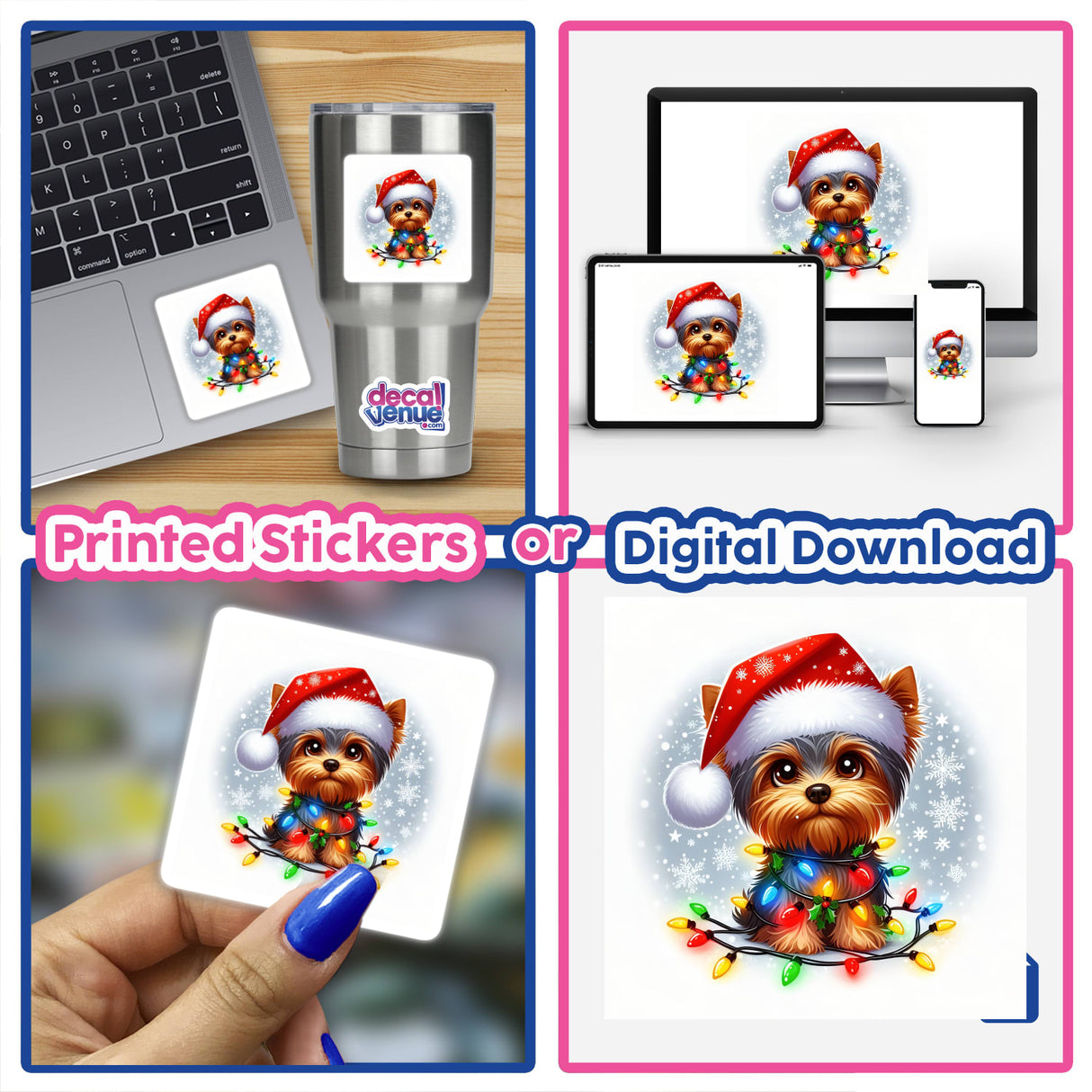 Merry Christmas Santa Yorkie Dog stickers featuring a cute dog in a Santa hat and Christmas lights, available as stickers or digital artwork.