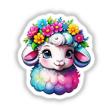 Floral Crown Sheep: Rainbow Colors Sticker - A cartoon sheep adorned with colorful flowers on its head, featuring blue eyes and a detailed floral crown. Available as stickers or digital artwork.