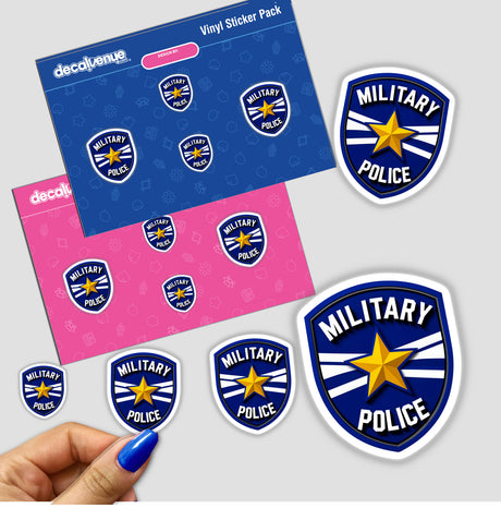 Military Police Shield Logo sticker pack held in a hand, featuring a distinctive blue and white design with star elements, available as both physical stickers and digital artwork.