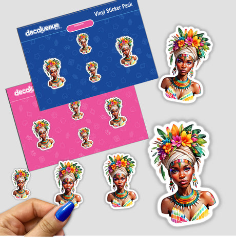 Mesmerizing African Tribal Woman Floral Headdress Sticker - Stunning Portrait featuring a close-up of a woman with colorful flowers adorning her head, ideal for unique stickers or digital artwork.