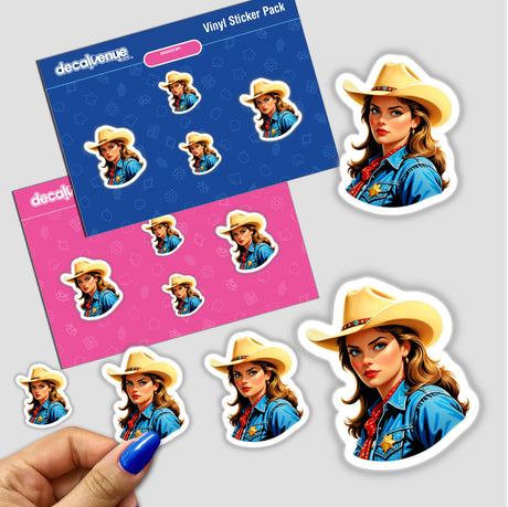 Sticker titled A Cute American Cowgirl featuring a cartoon woman in a cowboy hat, embodying the whimsical essence of Decal Venue's unique stickers and digital art offerings.