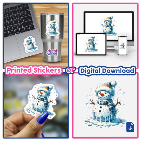 Melting Winter Snowman sticker featuring a cartoon snowman with a scarf and hat, showcased on a laptop. Available as stickers or digital artwork, reflecting Decal Venue's unique collection.