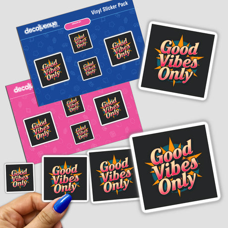 Good Vibes Only Vintage Quote Art sticker pack held in a hand, featuring intricate designs and text, representing Decal Venue's unique sticker and digital art offerings.